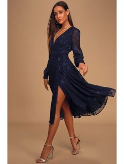 Evening of Elegance Navy Blue Floral Jacquard Wrap Midi Dress