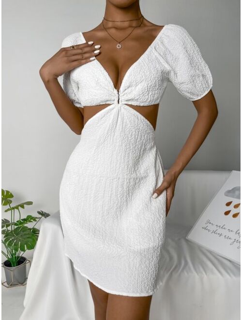Shein Solid Puff Sleeve Backless Dress