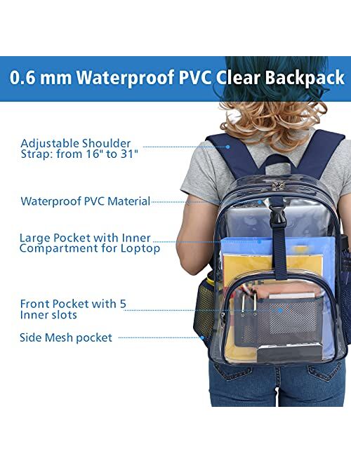 Clear Backpack, F-color Large Heavy Duty PVC Transparent Backpack with Laptop Compartment Extra Tote Bag for Women, Men, School, Work, Stadium, Security, Stadium, Grey