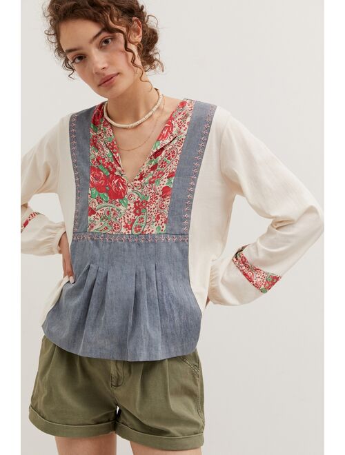 Anthropologie Tiny Floral Chambray Peasant Top