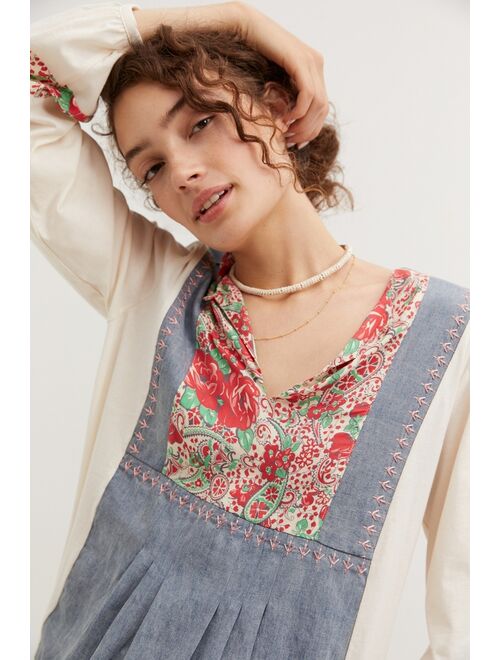 Anthropologie Tiny Floral Chambray Peasant Top