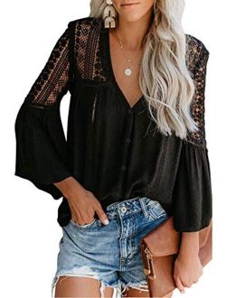 Canikat Women's V Neck Lace Crochet Flowy Bell Sleeve Button Down Casual T Shirts Blouses Tops