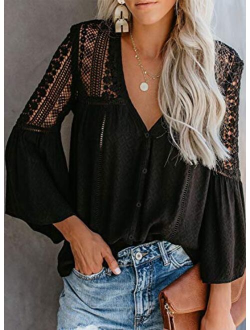 Canikat Women's V Neck Lace Crochet Flowy Bell Sleeve Button Down Casual T Shirts Blouses Tops