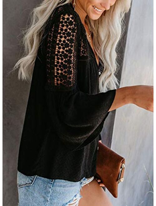 Canikat Women's V Neck Lace Crochet Flowy Bell Sleeve Button Down Casual T Shirts Blouses Tops