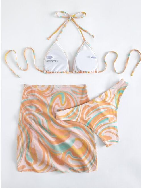 Shein 3pack Allover Print Halter Bikini Swimsuit & Cover Up