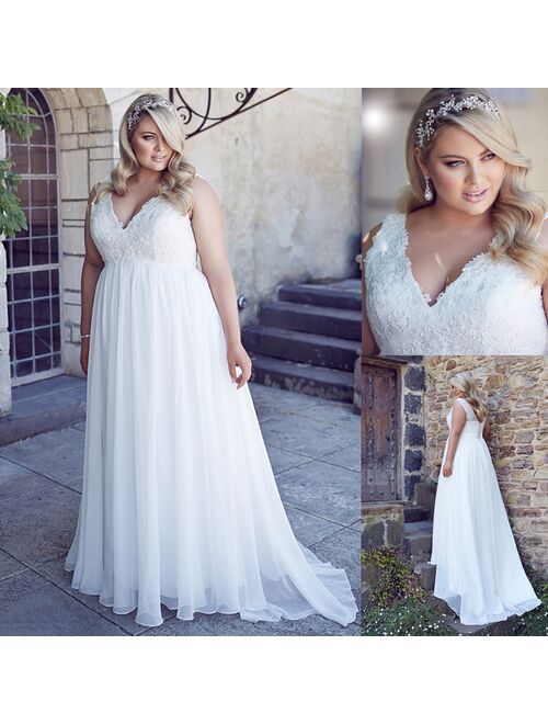 Chiffon Applique Lace Plus Size Beach Wedding Dress Corset Back White Empire Bridal Gown Long 26W robe de soiree longue