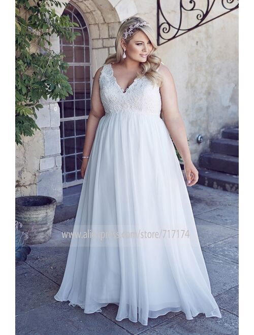 Chiffon Applique Lace Plus Size Beach Wedding Dress Corset Back White Empire Bridal Gown Long 26W robe de soiree longue