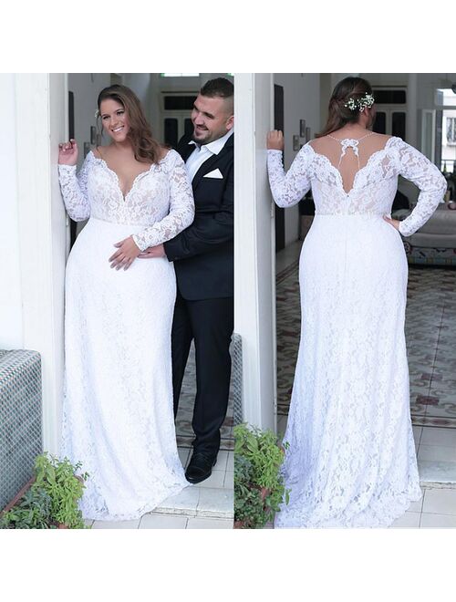Fashionable Lace Jewel Neckline Sheath/Column Plus Size Wedding Dresses With Beadings Open Back White Lace Bridal Gowns