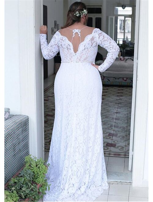 Fashionable Lace Jewel Neckline Sheath/Column Plus Size Wedding Dresses With Beadings Open Back White Lace Bridal Gowns