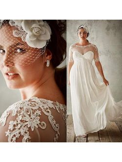 Flowing Bateau Neckline A-Line Plus Size Wedding Dresses With Lace Appliques Long Sleeves Bridal Dress vestido festa