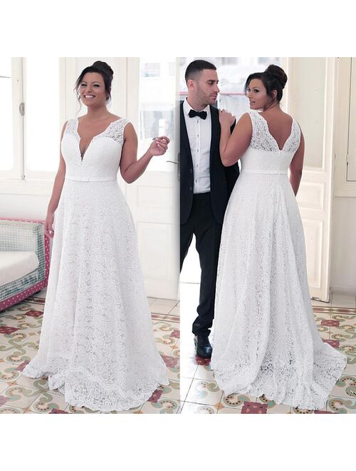 Fashionable Lace Jewel Neckline A-line Plus Size Wedding Dresses With Bowknot White Lace 26W Bridal Gowns