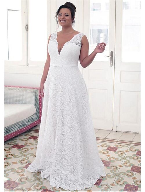 Fashionable Lace Jewel Neckline A-line Plus Size Wedding Dresses With Bowknot White Lace 26W Bridal Gowns
