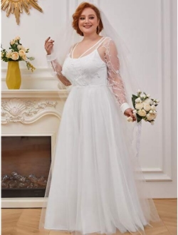 Womens V Neck Long Sleeve Tulle A Line Plus Size Elopement Wedding Dress 0242-PZ