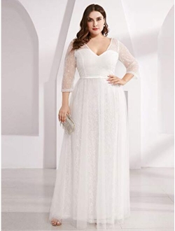 Women's Fashion V-Neck Floral Lace Bridal Gowns Plus Size Prom Dresses 0806-PZ