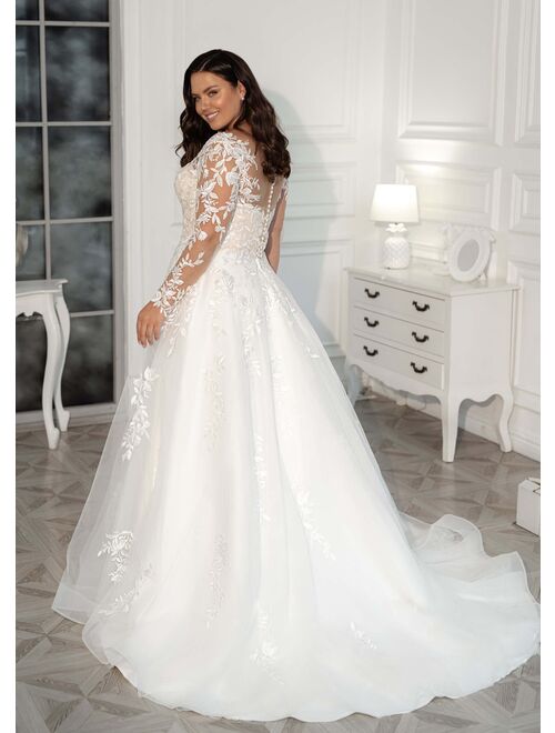 2021 New Plus Size Wedding Dresses Long Sleeves Sweep Train V-Neck A-line Custom Made Lace Appliques Bridal Gowns Robe De Mariee