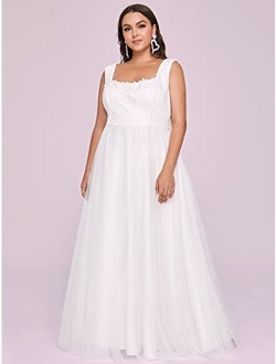 Women's Plus Size Lace A Line Square Neckline Tulle Sleeveless Lace Bridal Dress for Bride 2021 90341-PZ