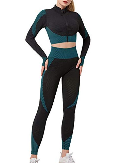 SUSIELADY Women’s Workout Set 3 Piece Tracksuit Seamless Sports Bra with Yoga Leggings with Zipper Crop Top Yoga Activewear Set