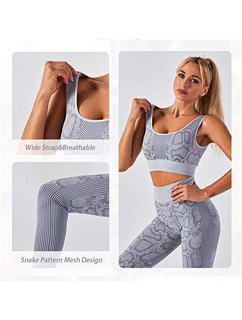SUSIELADY Women's Workout Outfit 2 Pieces Seamless Yoga Leggings with Sports Bra Snake Pattern Gym Clothes Set Sportswear Yoga Suit