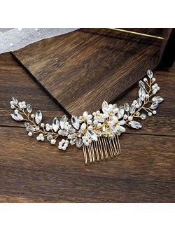 Bridal Side Comb Crystal Floral Rhinestone Headpieces For Bride Cute Wedding Hair Accessories(Gold)