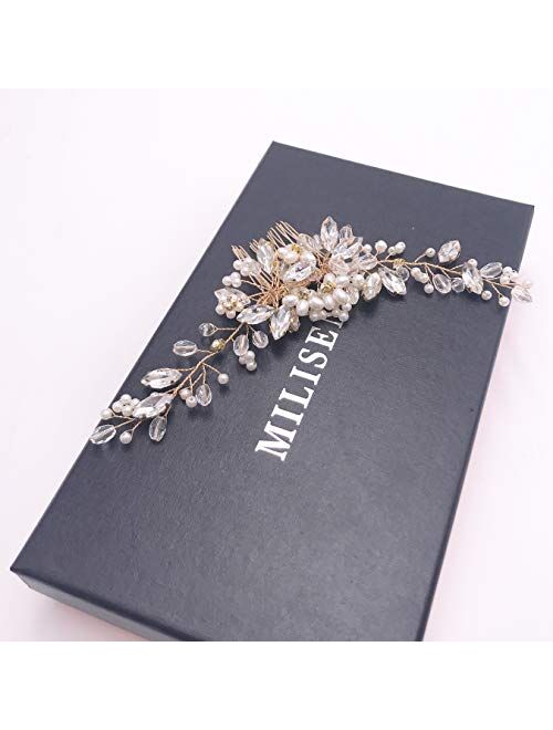 Milisente Bridal Side Comb Crystal Floral Rhinestone Headpieces For Bride Cute Wedding Hair Accessories(Gold)