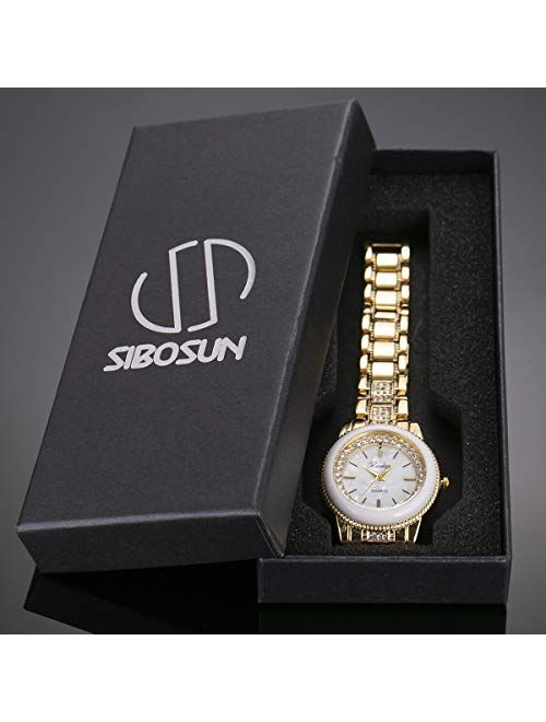 Lady Women Wrist Watch Gold Stainless Steel Crystal SIBOSUN Quartz Dress Bling Bracelet