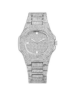 Luxury Mens/Womens Unisex Crystal Iced-Out Watch Diamond Watches for Men Oblong Silver/Gold Wristwatch Fashion Quartz Analog Watch Stainless Steel Bracelet for Wo