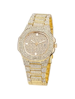 Luxury Mens/Womens Unisex Crystal Iced-Out Watch Diamond Watches for Men Oblong Silver/Gold Wristwatch Fashion Quartz Analog Watch Stainless Steel Bracelet for Wo