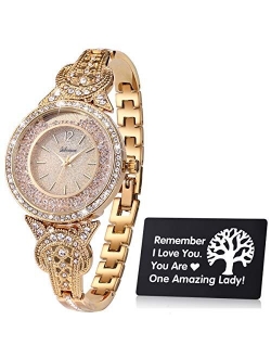 Lady Women Wrist Watch Quartz Stainless Steel Crystal Dress Fashion Bracelet   Life Tree Family Tree Card Amazing Lady for Mother Sister Girlfriend Mother-in-Law