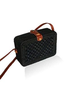 Fashion Rattan Bags for Women Handmade Wicker Woven Purse Handbag Crossbody Bag Summer Beach Bag (Color : Black)