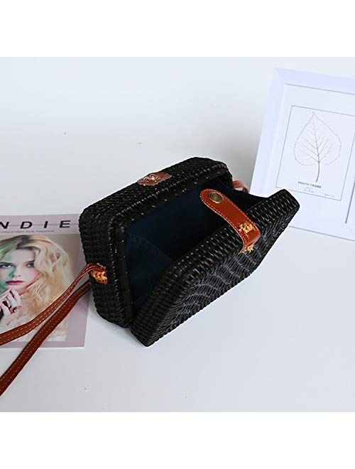 Mubolin Fashion Rattan Bags for Women Handmade Wicker Woven Purse Handbag Crossbody Bag Summer Beach Bag (Color : Black)