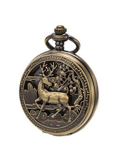 Vintage Pocket Watch Mechanical Double Cover Skeleton Christmas Reindeer Deer Men Women, Bronze