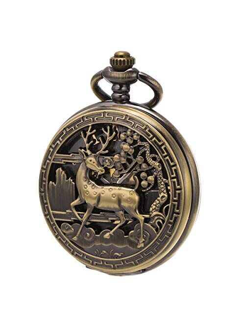 SIBOSUN Vintage Pocket Watch Mechanical Double Cover Skeleton Christmas Reindeer Deer Men Women, Bronze