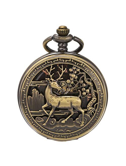 SIBOSUN Vintage Pocket Watch Mechanical Double Cover Skeleton Christmas Reindeer Deer Men Women, Bronze