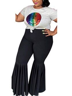 Women's Plus Size High Waist Ruffle Casual Party Club Flare Bell Bottom Pants