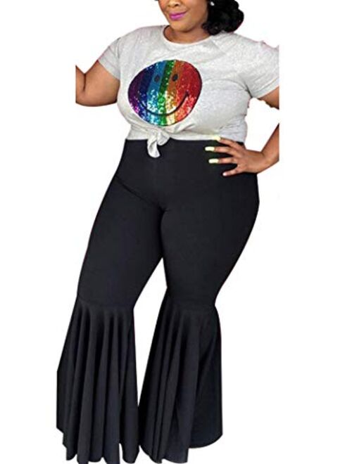 Aro Lora Women's Plus Size High Waist Ruffle Casual Party Club Flare Bell Bottom Pants