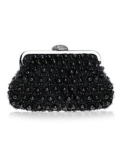 Women Pearl Beaded Evening Clutch Lace Clutch Wedding Party Handbag Purse for Lady (Color : Champagne)