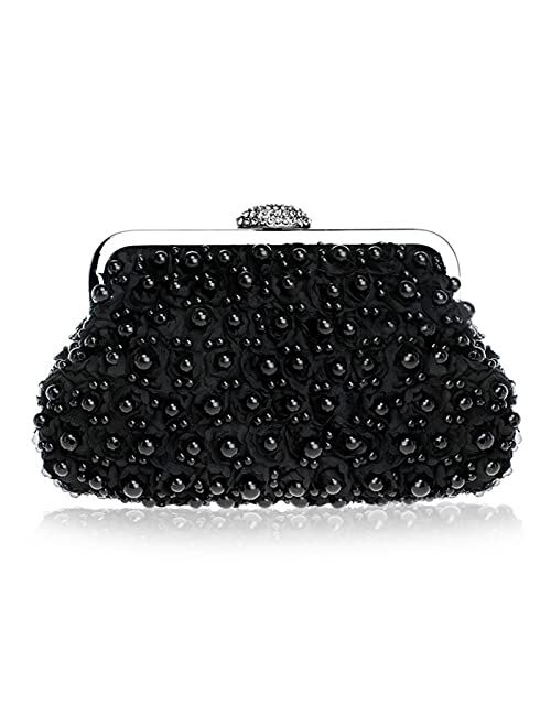 Mubolin Women Pearl Beaded Evening Clutch Lace Clutch Wedding Party Handbag Purse for Lady (Color : Champagne)
