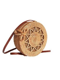 Handwoven Round Rattan Bag Shoulder Leather Straps Round Wicker Shoulder Straw Purse Beach Bags