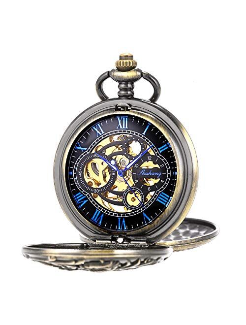 SIBOSUN Pocket Watch Mechanical Skeleton Roman Numerals Steampunk Double Case Fob Watch for Men Women with Chain