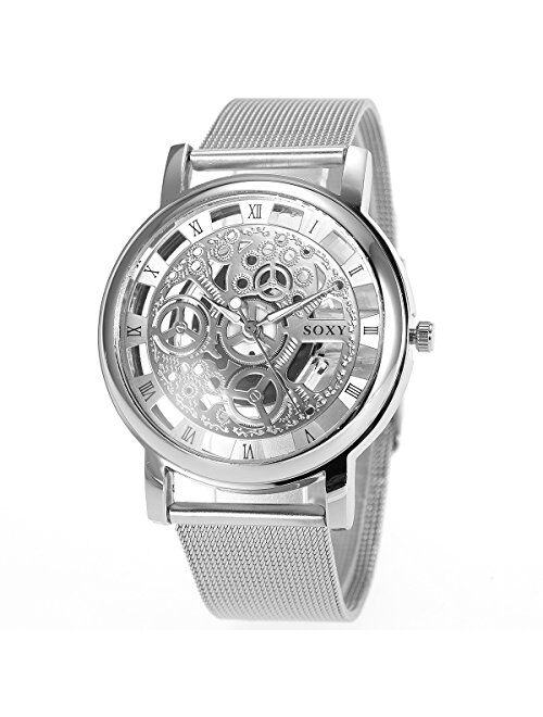 SIBOSUN Men's Watches with Skeleton Face Wrist Watch for Men Silver Mesh Stainless Steel Band Quartz
