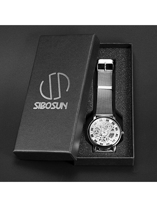 SIBOSUN Men's Watches with Skeleton Face Wrist Watch for Men Silver Mesh Stainless Steel Band Quartz