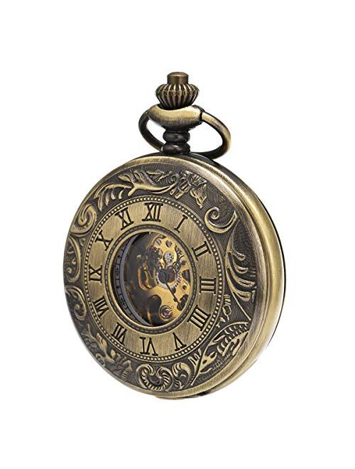 SIBOSUN Men's Women's Retro Mechanical Pocket Watch Roman Numerals Case with Chain