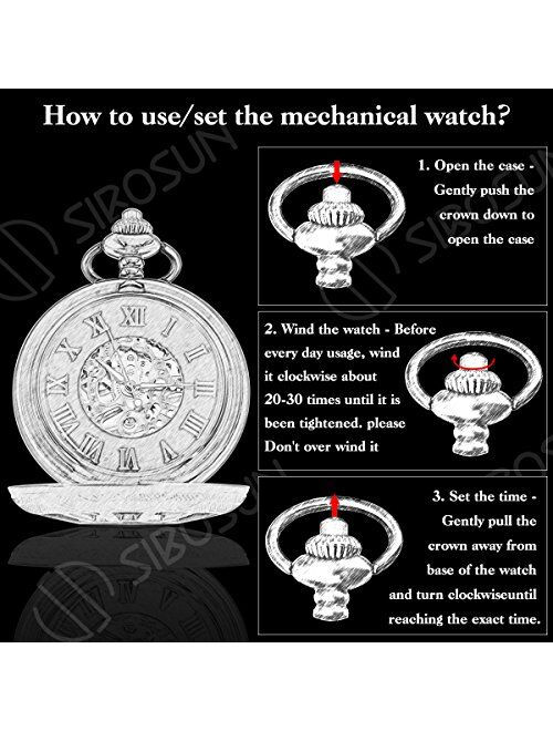 SIBOSUN Men's Women's Retro Mechanical Pocket Watch Roman Numerals Case with Chain