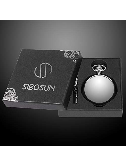 Pocket Watch - Smooth Double Case SIBOSUN Skeleton Dial Mechanical Movement Silver Chain Gift Box