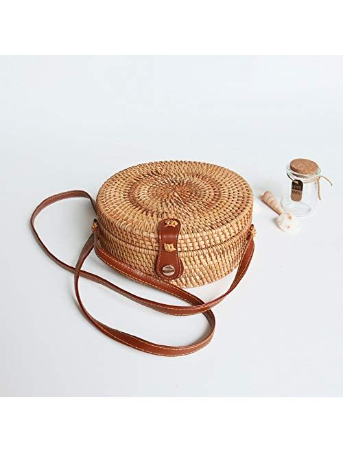 Mubolin Adjustable Shoulder Leather Strap Handwoven Rattan Crossbody Bag for Women Handmade Wicker Purse Straw Bags (Color : Emerald Lining)