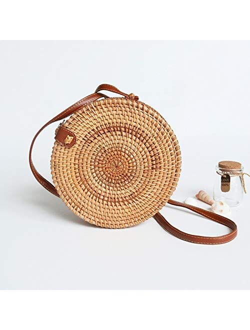 Mubolin Adjustable Shoulder Leather Strap Handwoven Rattan Crossbody Bag for Women Handmade Wicker Purse Straw Bags (Color : Emerald Lining)