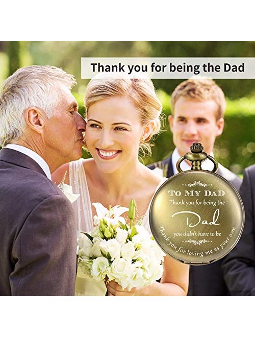TREEWETO Pocket Watch Men Personalized Engraving “Thank You for Being The Dad" Quartz Watches from Daughter Child to DAD Father Engraved with Chain