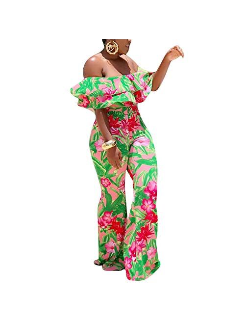 Aro Lora Women's Off Shoulder Floral Printed Cropped Wide Leg Jumpsuits Rompers