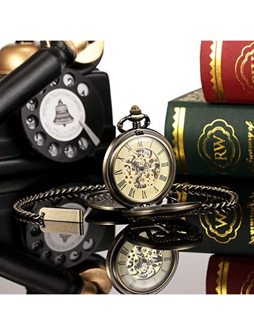 TREEWETO Mens Antique Skeleton Mechanical Pocket Watch Dragon Hollow Hunter with Chain and Box