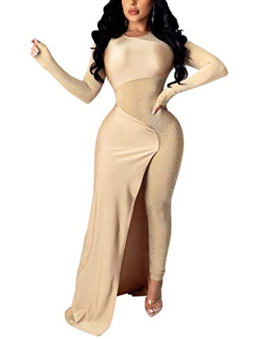 Aro Lora Women's Sexy Long Sleeve See Through Rhinestone Bodycon Jumpsuit Romper Clubwear